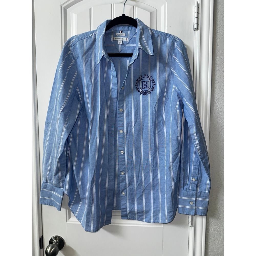 Tommy Hilfiger Women's L Blue Striped Button Down Crest Shirt Preppy